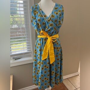 [US10]Lindy Bop Stephanie Sunflower Bird Blue Mid Dress Waist Belt V Done